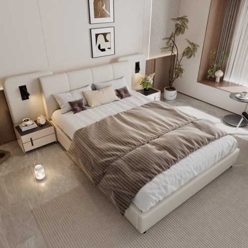 Upholstered Bed, With Charging Port And Lighting, 4ft6 Double Bed 135x190cm, Soft Sponge Headboard Backrest, Anti-collision Sponge Filling, PU Plywood,