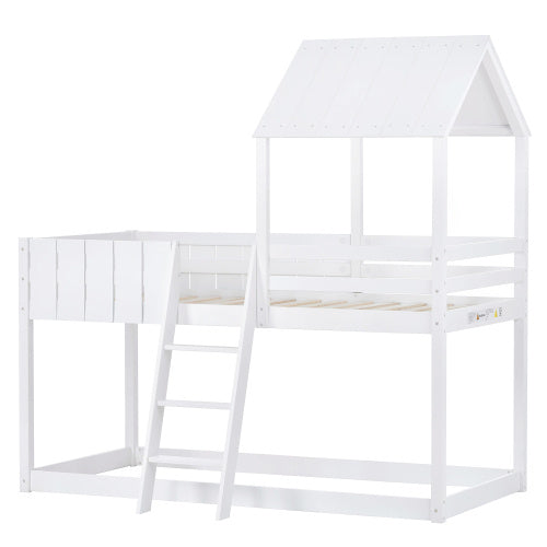 Wooden Bunk Bed, Loft Bed With Ladder And Guard Rail, Mid-Sleeper Cabin Bed, 3 FT Single Treehouse Canopy, Shaped With Space-Saving Design For Children& Kids Home White-90x190 Cm
