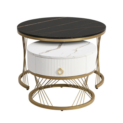 Elegant Nesting Coffee Table Marble Look Gold Decor,Side Table With Drawers Set Of 2