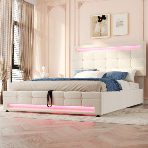 Upholstered Bed, Hydraulic Bed, Adults Teenagers 4ft6 Double Bed 135x190cm, Square Embellishment, With 7colors LED-light Strips, Velvet Iron, Beige