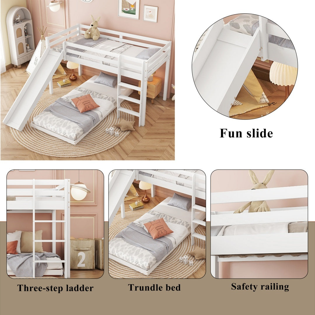 Childrens Cabin Bed Frame With Slide Ladder, Bunk Bed For Kids With Adjustable Ladder And Slide, Adjustable Lower Bed ,White, 190x90cm 200x90cm