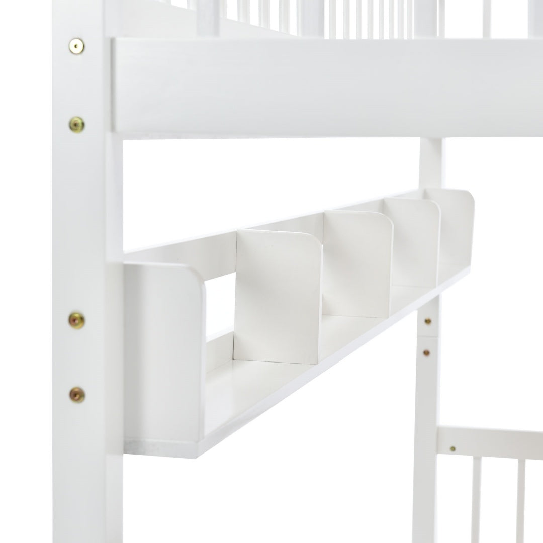 Bunk Bed, Kids Children, 3FT Solid Pine Wood Single Bed Frame & Under Bed Slide Drawer Storage, With Shelf, White 90x190cm