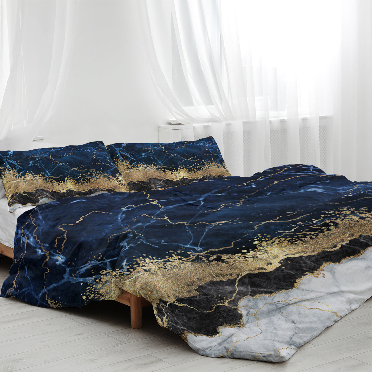 Chic Marble Bedding White Marble Gilded Navy Blue Duvet Cover Set Trendy Printed Design Bed Quilt Cover Set King 1 Duvet Cover 2 Pillowcases