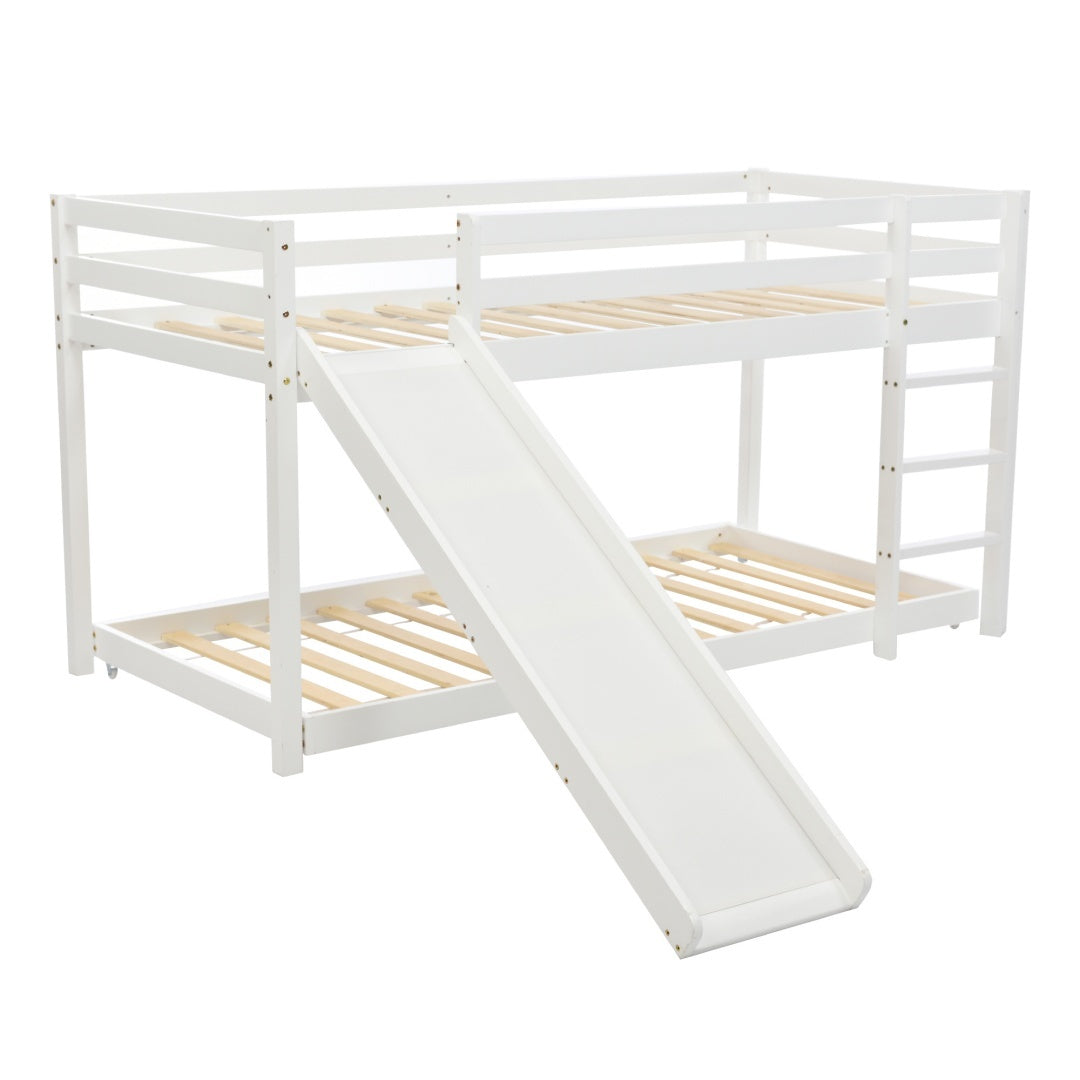 Childrens Cabin Bed Frame With Slide Ladder, Bunk Bed For Kids With Adjustable Ladder And Slide, Adjustable Lower Bed ,White, 190x90cm 200x90cm