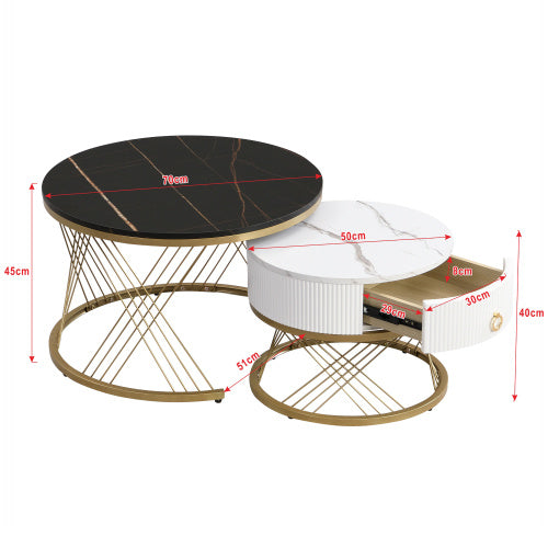 Elegant Nesting Coffee Table Marble Look Gold Decor,Side Table With Drawers Set Of 2
