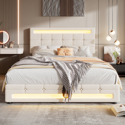 Upholstered Bed, Hydraulic Bed, Adults Teenagers 4ft6 Double Bed 135x190cm, Square Embellishment, With 7colors LED-light Strips, Velvet Iron, Beige