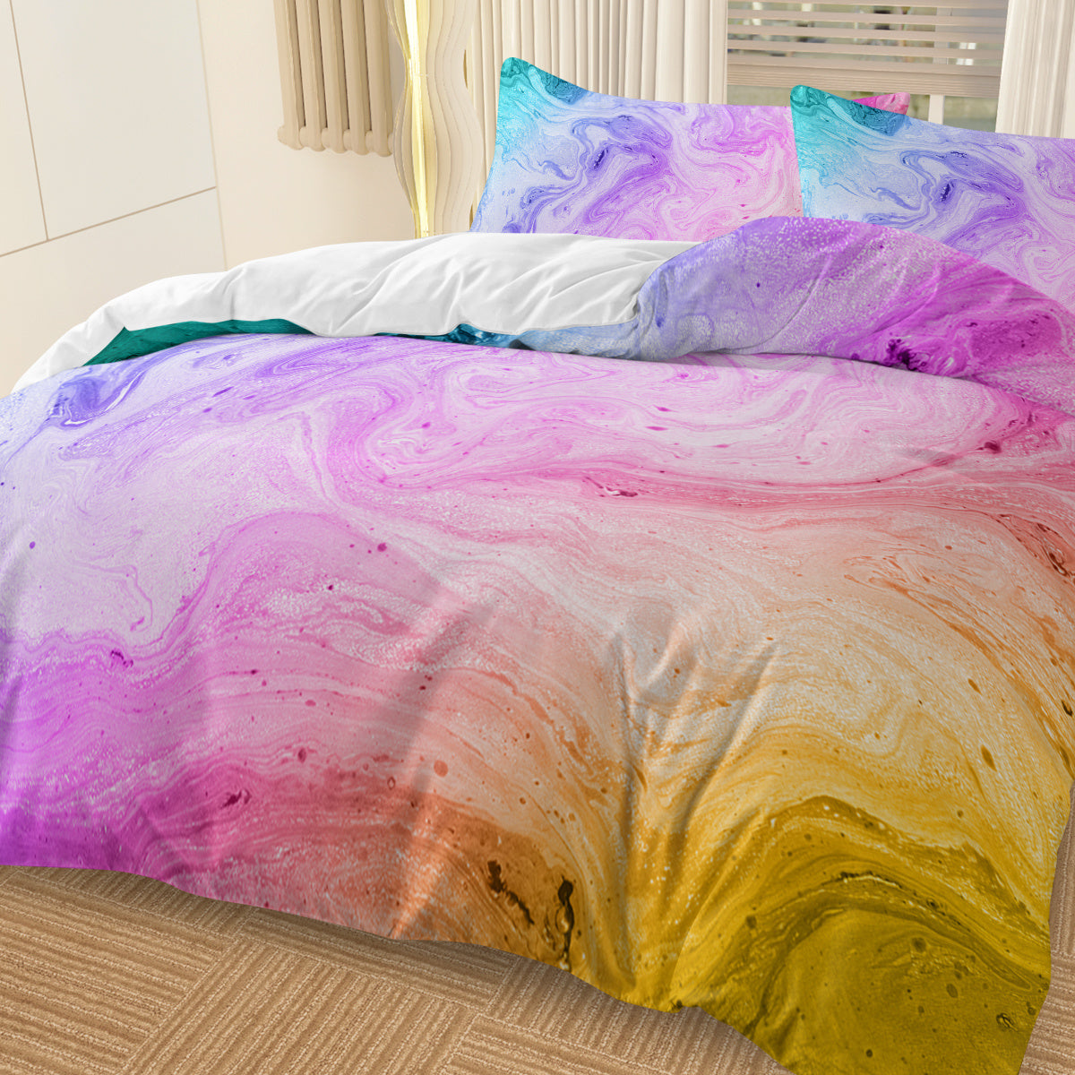 Girly Duvet Cover Rainbow Glitter Ombre Bedding Sets 3 Pcs Chic Purple Blue Green Pastel Bed Spreads Sparkle Quilt Cover Set With 2 Pillow Shams