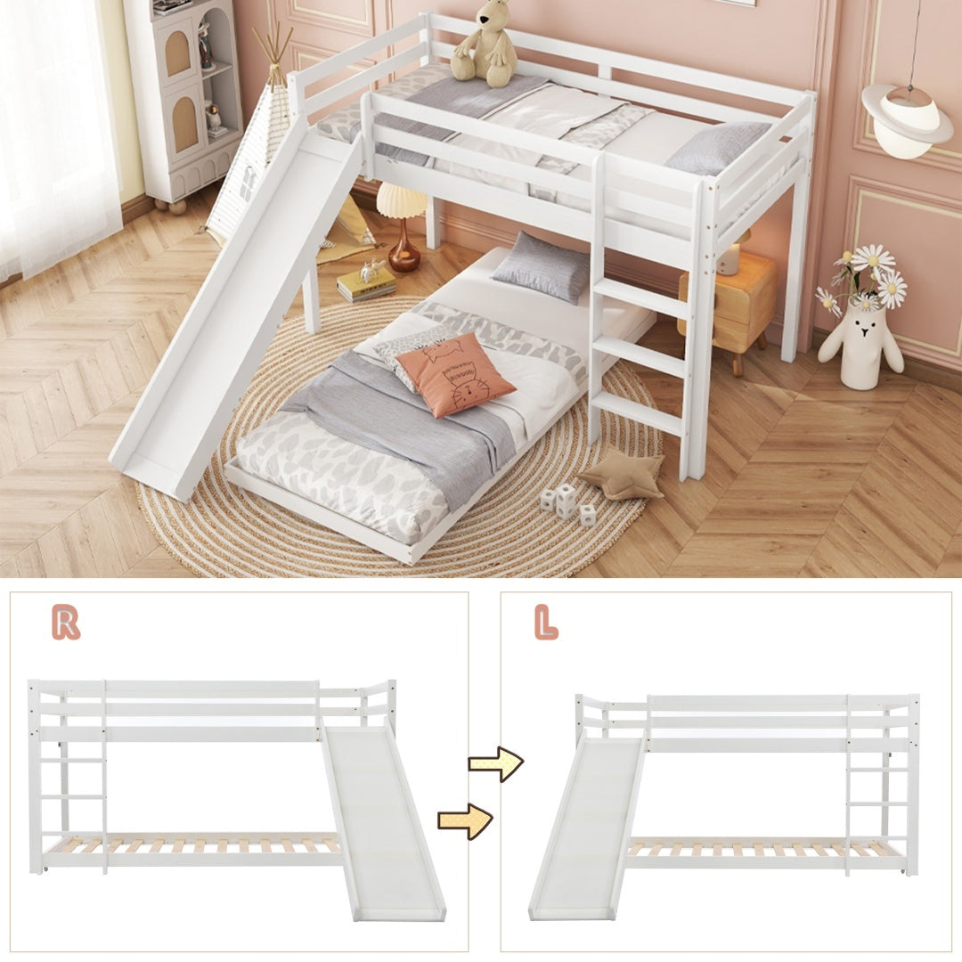 Childrens Cabin Bed Frame With Slide Ladder, Bunk Bed For Kids With Adjustable Ladder And Slide, Adjustable Lower Bed ,White, 190x90cm 200x90cm