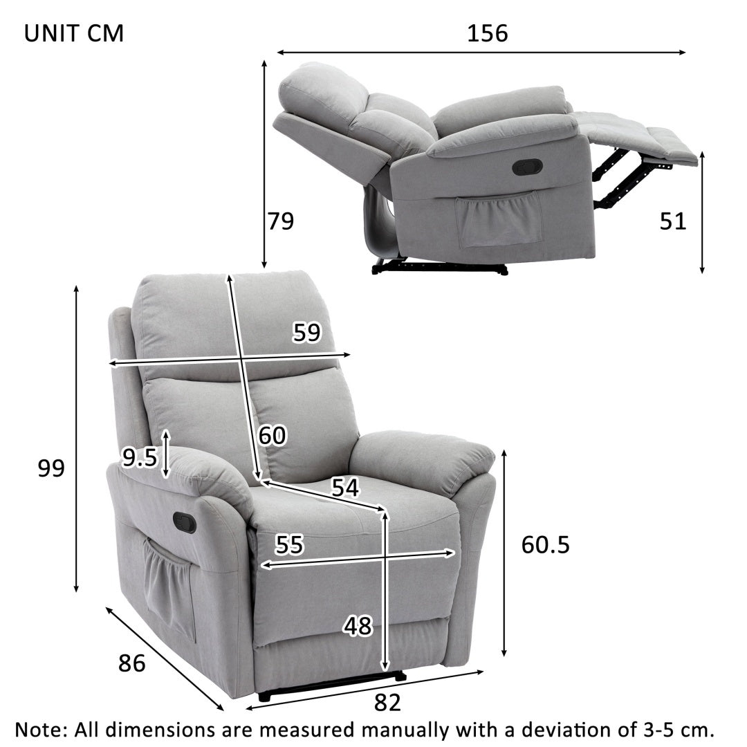 Recliner Chair For The Elderly, Fabric Upholstered Chair With Side Pockets, Recliner Armchair Adjustable For Living Room Bedroom,Gray