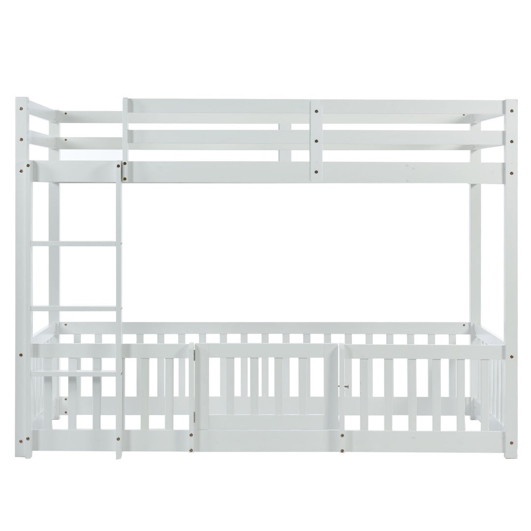 3FT Bunk Bed, Bed With Fences And Door, Children's Bed With Fall Protection And Railings, Solid Wood, White 190x90cm