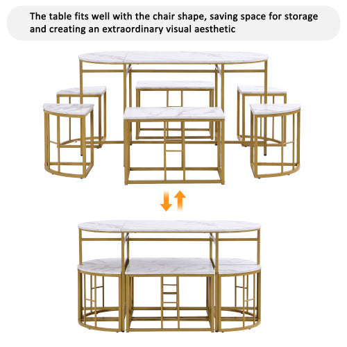 Dining Room Table Set With Six Chairs, Dining Group With White MDF Seat Cushions And Gold-plated Iron Frames, Modern Luxury Tables And Chairs