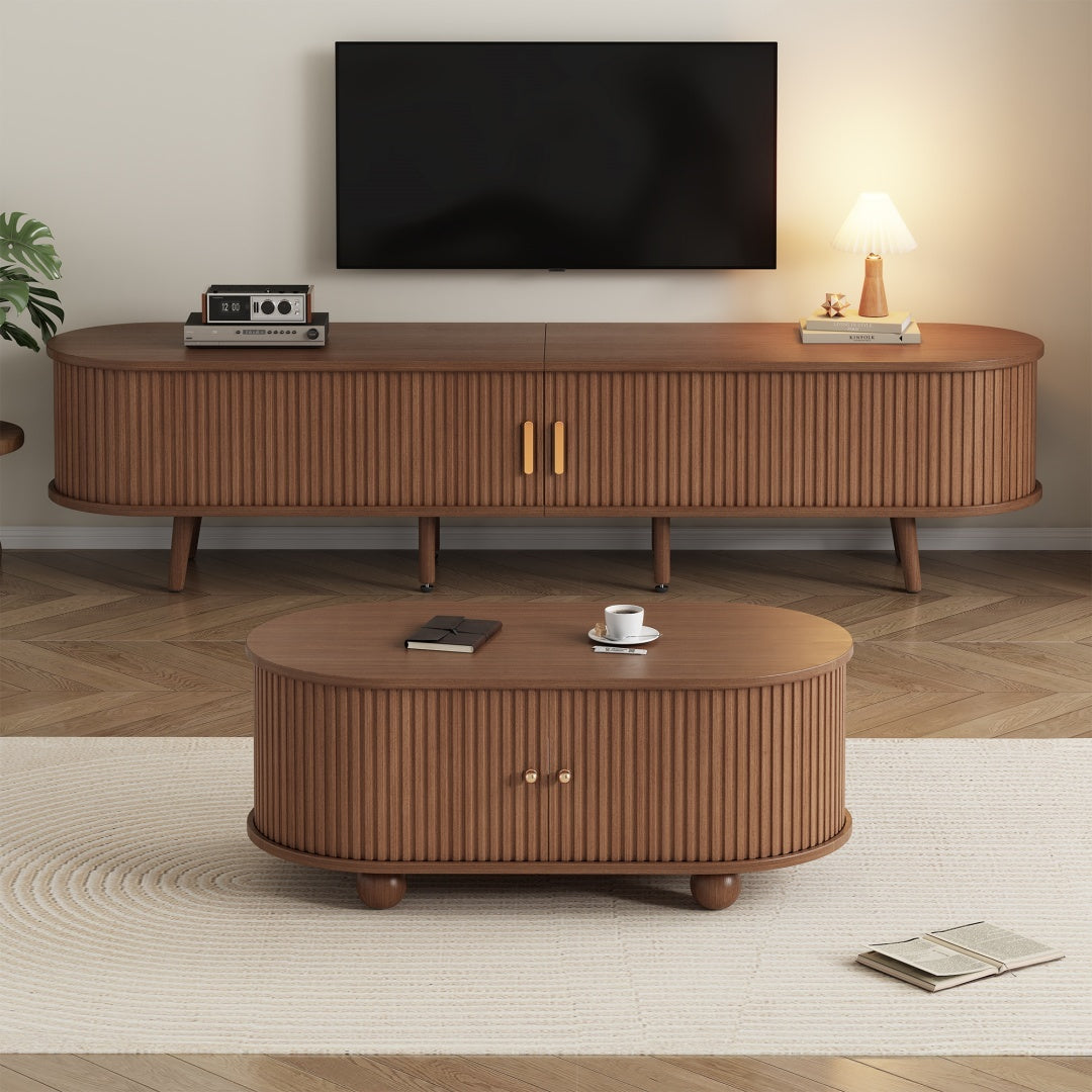 TV Stand X Coffee Table 2 Set, TV Cabinet With 2 Drawer 2 Sliding Doors For 70inch TV Coffee Table With 2 Sliding Doors, Dark Walnut, 175x40x42cm 100x50 X40cm, MDF