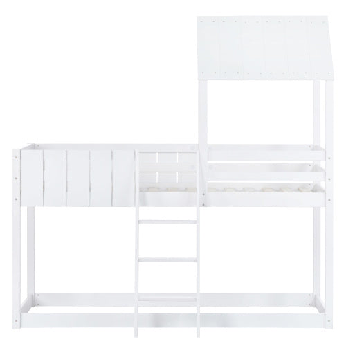 Wooden Bunk Bed, Loft Bed With Ladder And Guard Rail, Mid-Sleeper Cabin Bed, 3 FT Single Treehouse Canopy, Shaped With Space-Saving Design For Children& Kids Home White-90x190 Cm