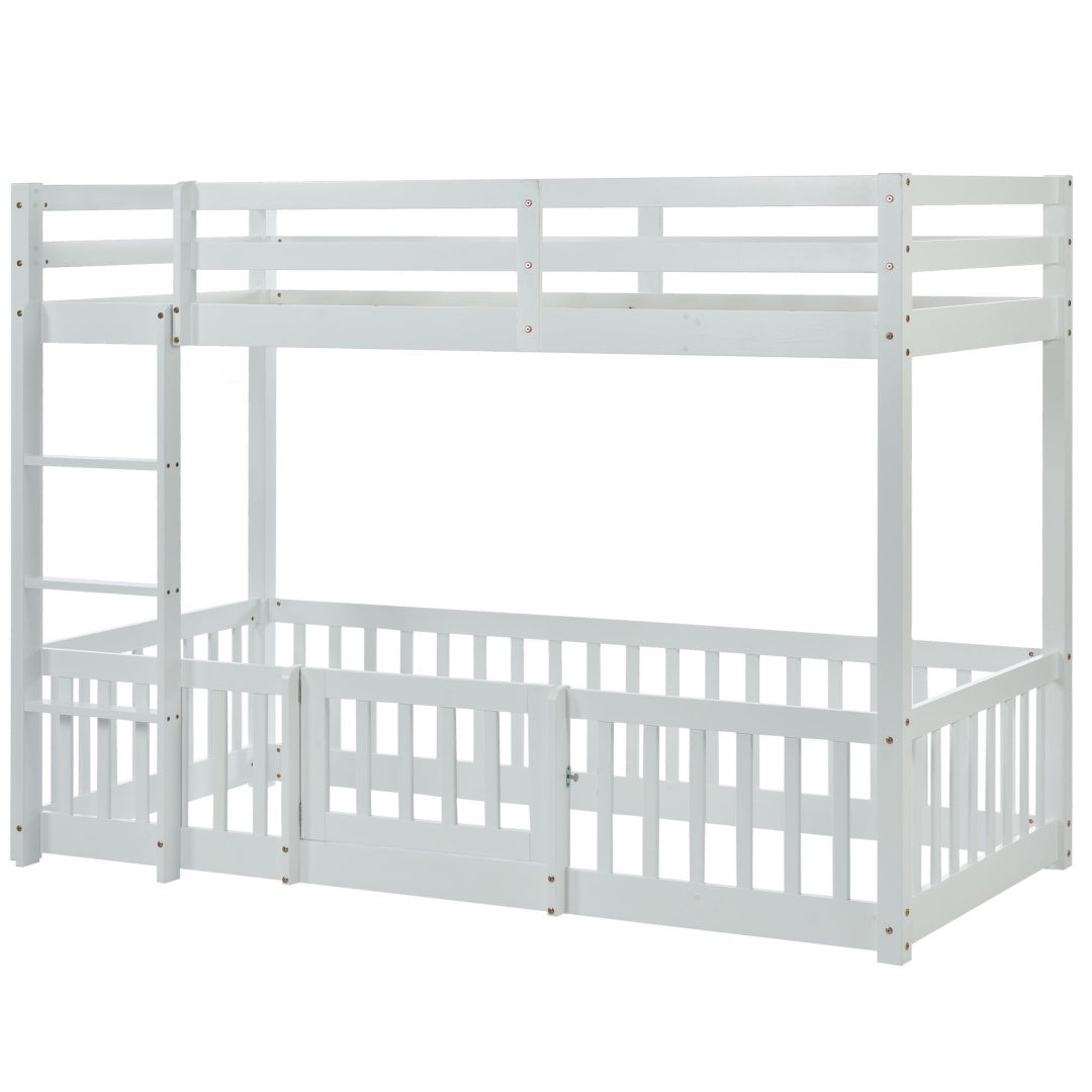 3FT Bunk Bed, Bed With Fences And Door, Children's Bed With Fall Protection And Railings, Solid Wood, White 190x90cm