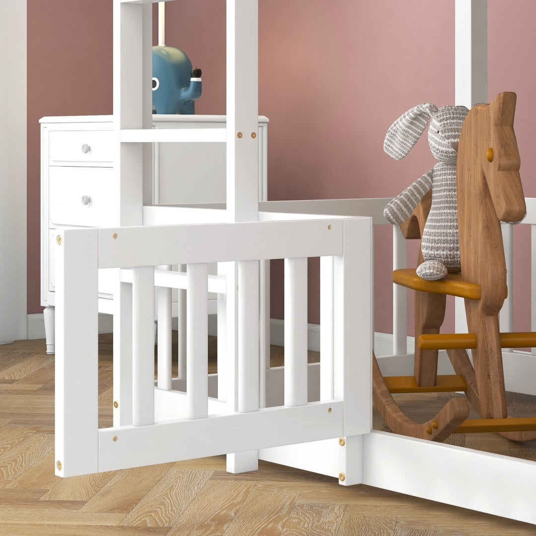 3FT Bunk Bed, Bed With Fences And Door, Children's Bed With Fall Protection And Railings, Solid Wood, White 190x90cm