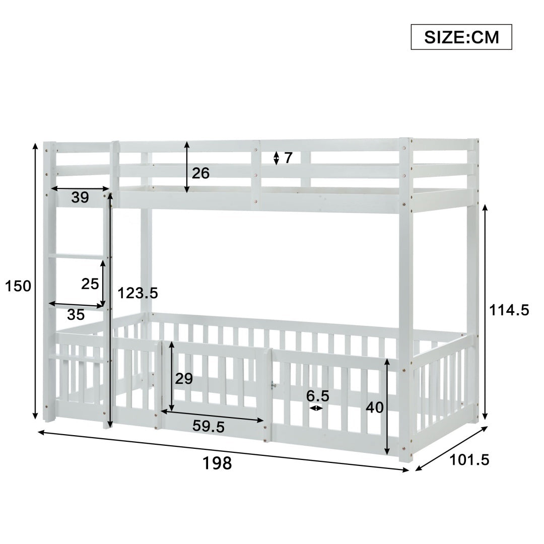 3FT Bunk Bed, Bed With Fences And Door, Children's Bed With Fall Protection And Railings, Solid Wood, White 190x90cm
