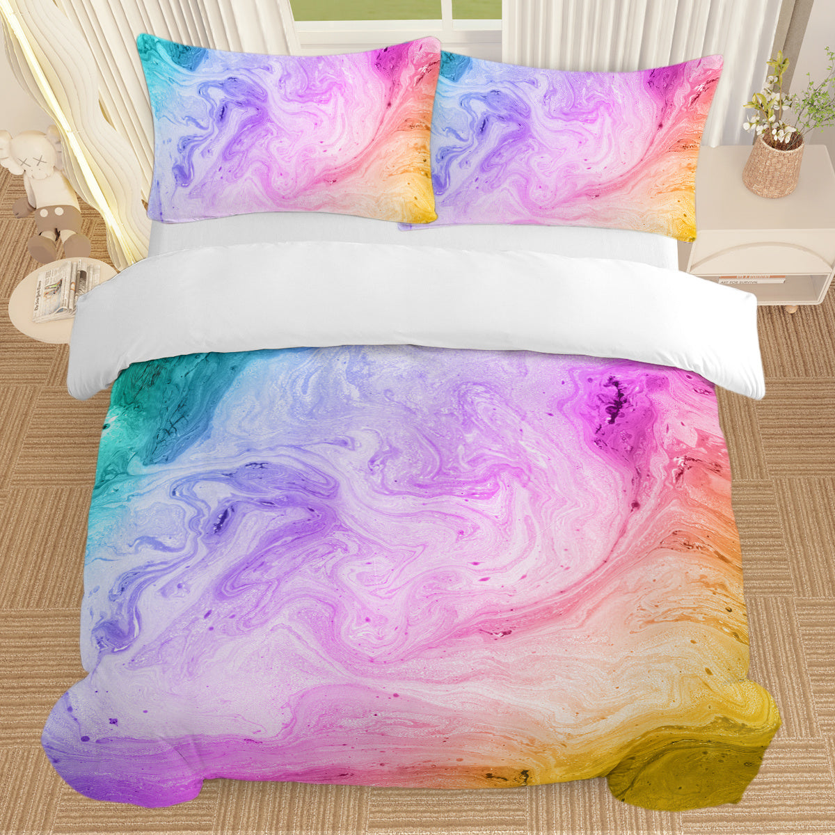 Girly Duvet Cover Rainbow Glitter Ombre Bedding Sets 3 Pcs Chic Purple Blue Green Pastel Bed Spreads Sparkle Quilt Cover Set With 2 Pillow Shams