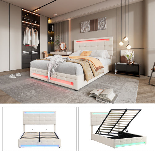 Upholstered Bed, Hydraulic Bed, Adults Teenagers 4ft6 Double Bed 135x190cm, Square Embellishment, With 7colors LED-light Strips, Velvet Iron, Beige