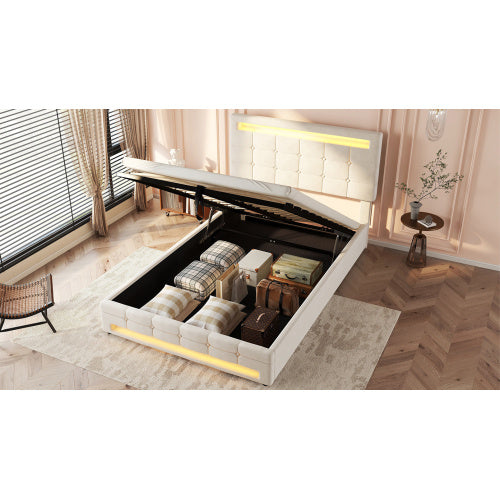 Upholstered Bed, Hydraulic Bed, Adults Teenagers 4ft6 Double Bed 135x190cm, Square Embellishment, With 7colors LED-light Strips, Velvet Iron, Beige