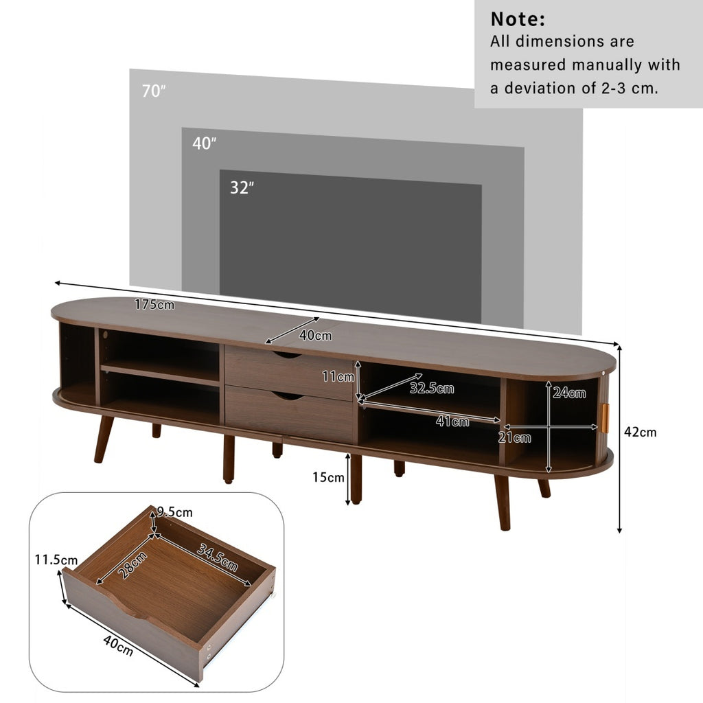 TV Stand With 2 Drawer 2 Sliding Doors 2  Tier Storage Shelf,Oval TV Cabinet Storage Sideboard With Rounded Corners For Livingroom Bedroom,175X40X42cm,Dark Oak,MDF,weight Capacity 30kg,for 70inch TV