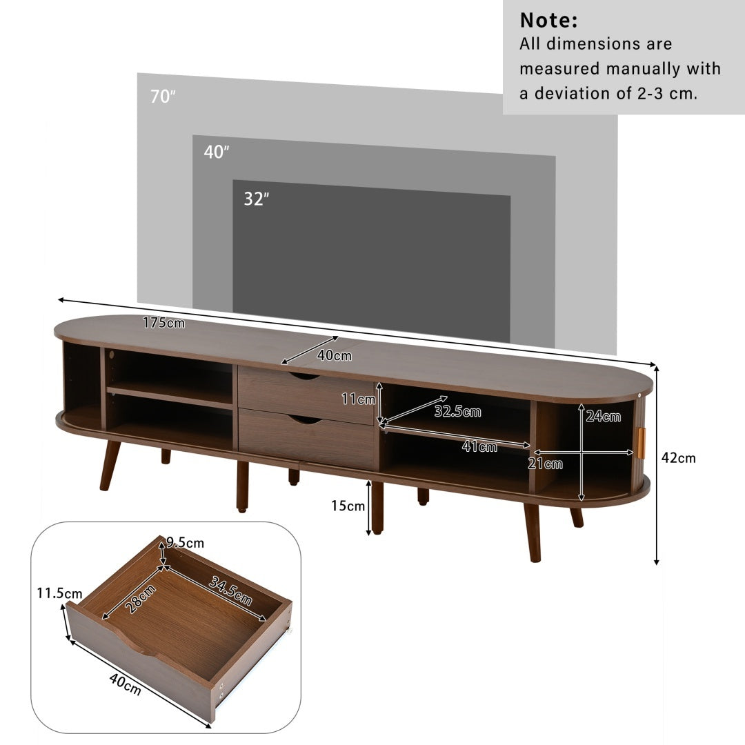 TV Stand With 2 Drawer 2 Sliding Doors 2  Tier Storage Shelf,Oval TV Cabinet Storage Sideboard With Rounded Corners For Livingroom Bedroom,175X40X42cm,Dark Oak,MDF,weight Capacity 30kg,for 70inch TV
