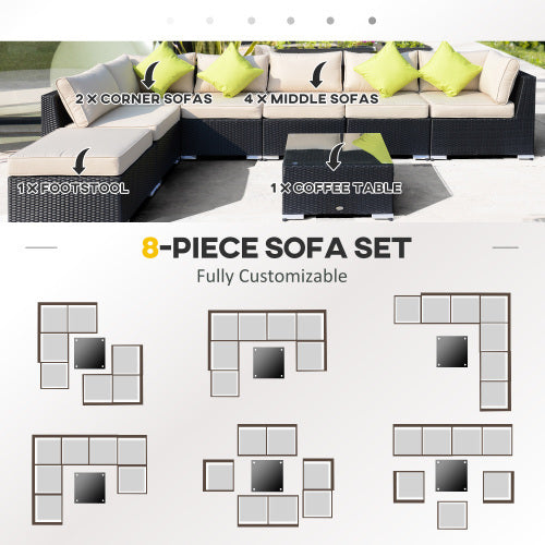 Outsunny 8 Pieces PE Rattan Corner Sofa Set With Thick Cushions, Aluminium Outdoor Rattan Garden Furniture Set With Glass Top Table, No Assembly Required, Black
