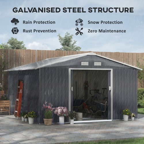 Outsunny 13 X 11ft Metal Garden Shed, Outdoor Storage Tool House With Ventilation Slots, Foundation Kit And Lockable Double Doors, Grey