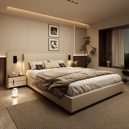 Upholstered Bed, With Charging Port And Lighting, 4ft6 Double Bed 135x190cm, Soft Sponge Headboard Backrest, Anti-collision Sponge Filling, PU  Plywood,