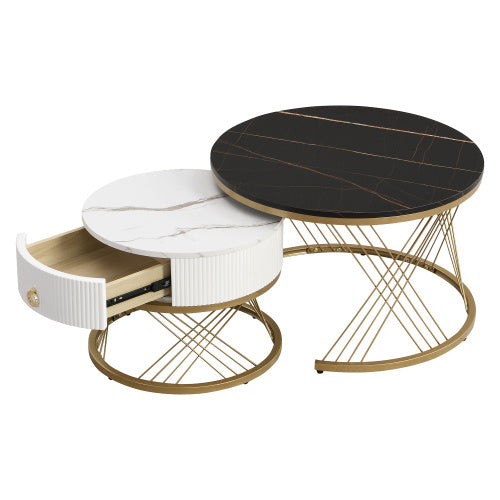 Elegant Nesting Coffee Table Marble Look Gold Decor,Side Table With Drawers  Set Of 2