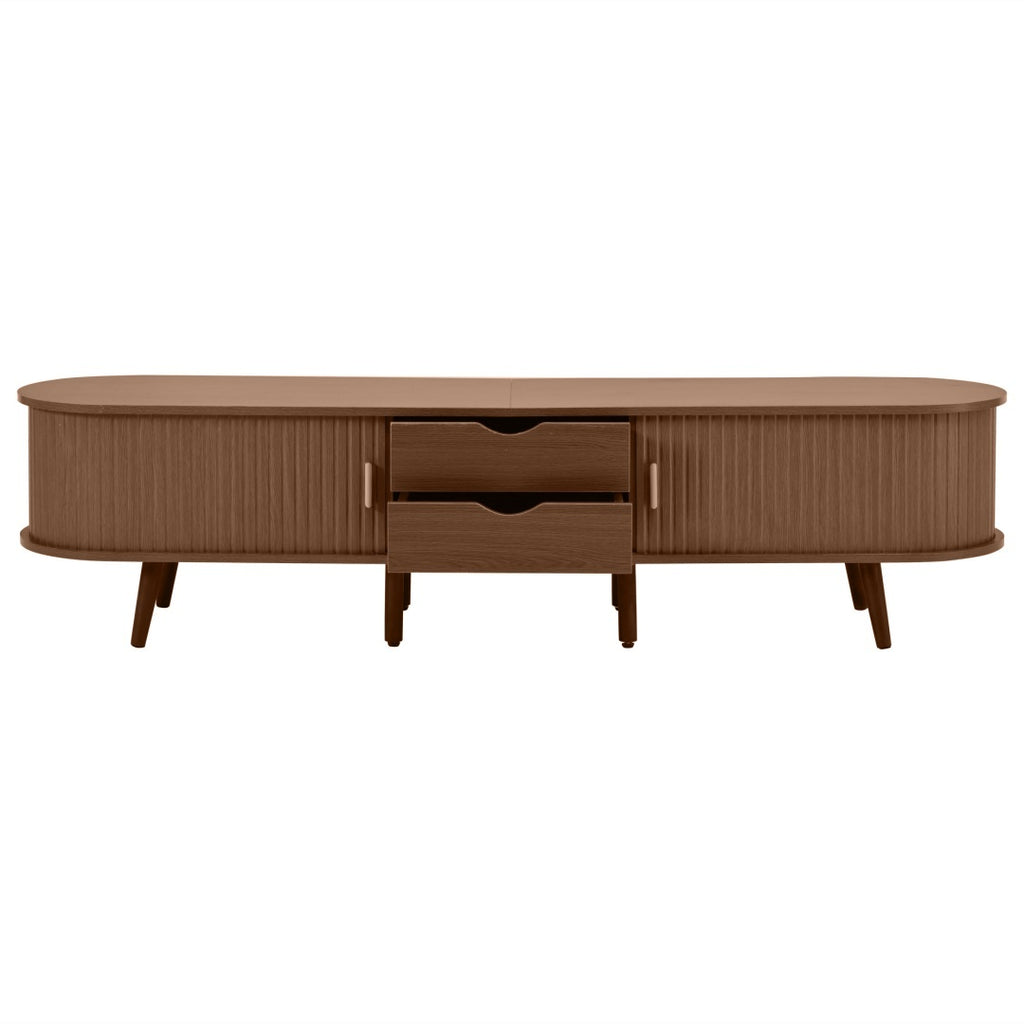 TV Stand With 2 Drawer 2 Sliding Doors 2  Tier Storage Shelf,Oval TV Cabinet Storage Sideboard With Rounded Corners For Livingroom Bedroom,175X40X42cm,Dark Oak,MDF,weight Capacity 30kg,for 70inch TV