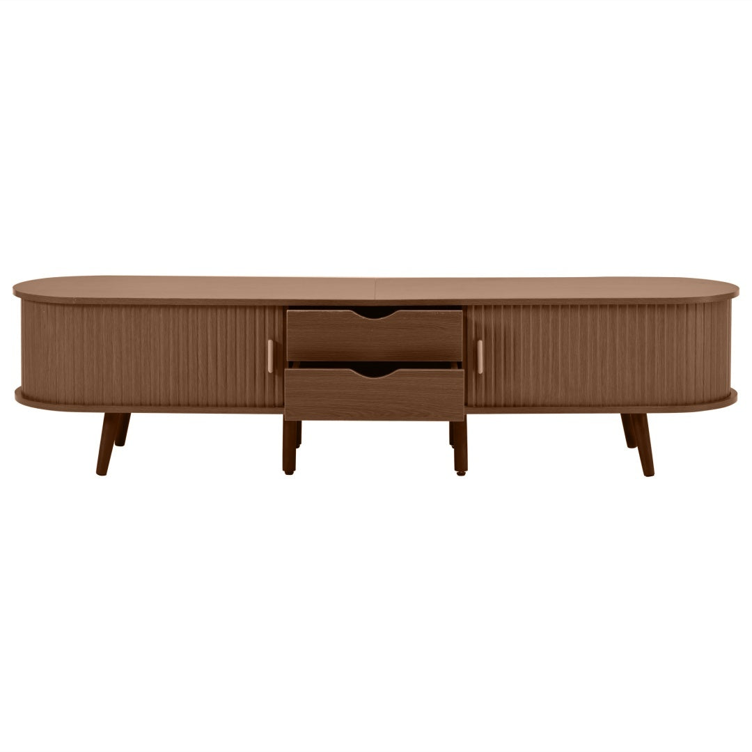 TV Stand With 2 Drawer 2 Sliding Doors 2  Tier Storage Shelf,Oval TV Cabinet Storage Sideboard With Rounded Corners For Livingroom Bedroom,175X40X42cm,Dark Oak,MDF,weight Capacity 30kg,for 70inch TV
