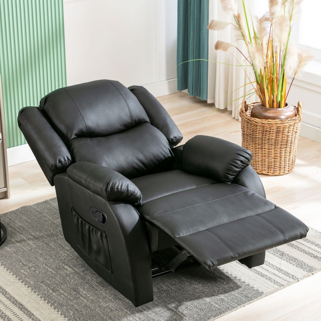 Recliner Chair For The Elderly, PU Leather Upholstered Chair With Side Pockets, Recliner Armchair Adjustable For Living Room Bedroom,Black