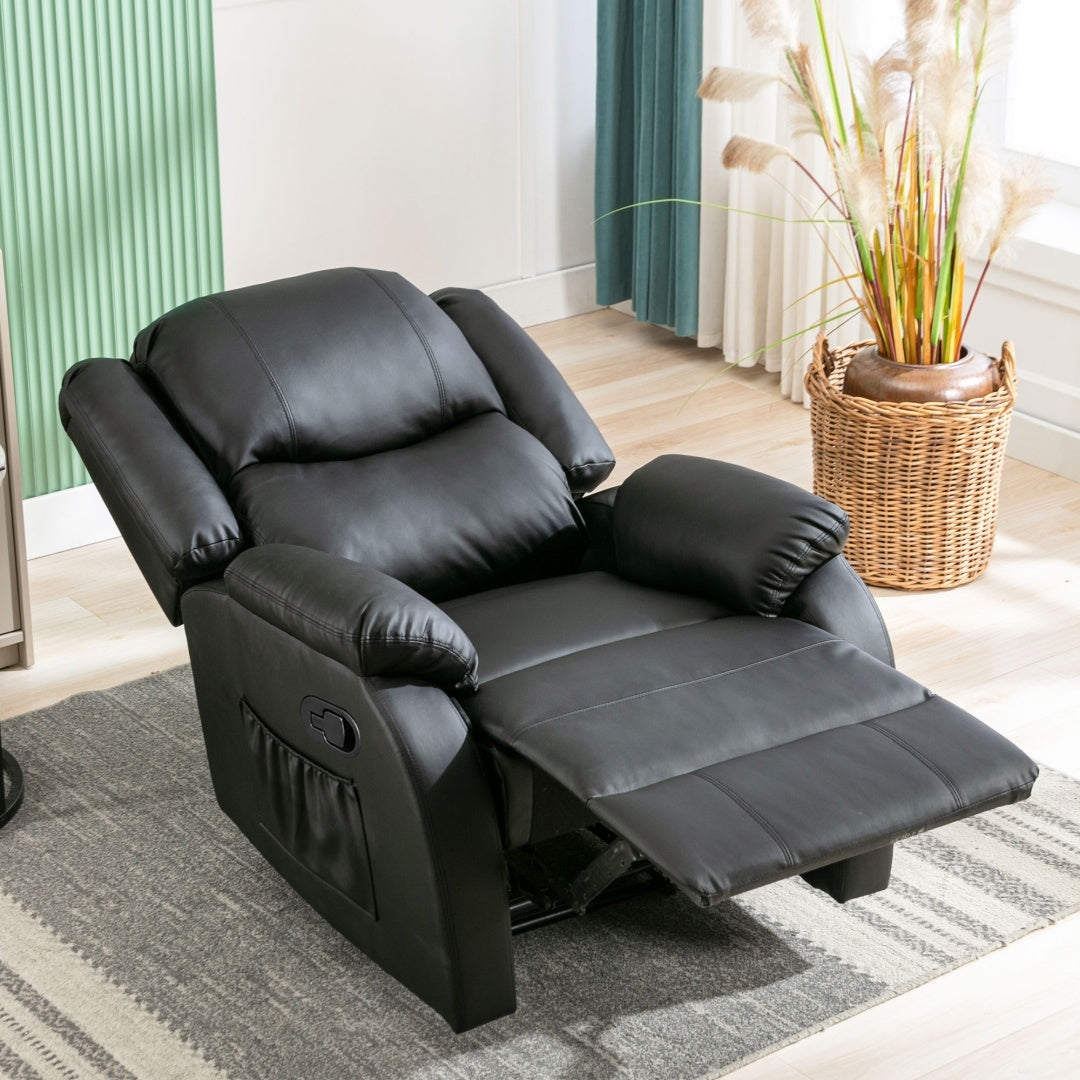 Recliner Chair For The Elderly, PU Leather Upholstered Chair With Side Pockets, Recliner Armchair Adjustable For Living Room Bedroom,Black