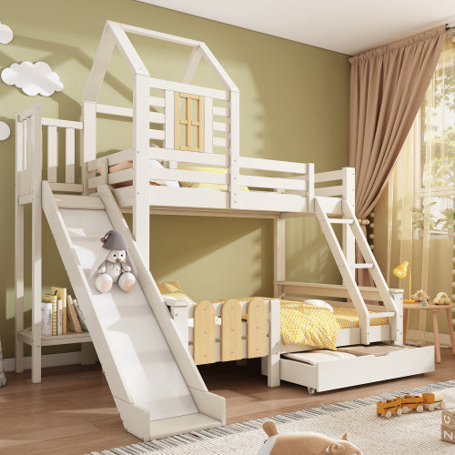 Bunk Beds For Kids, Wooden Cabin Bed With Ladder And Slide, Multi-functional Tree-house Bed, Children's House Bed, Twin Sleeper Solid Wood, White