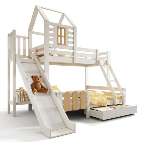 Bunk Beds For Kids, Wooden Cabin Bed With Ladder And Slide, Multi-functional Tree-house Bed, Children's House Bed, Twin Sleeper Solid Wood, White