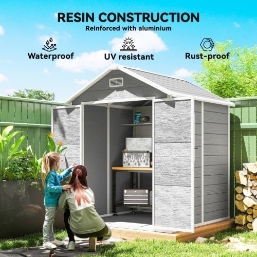 Outsunny 6 X 5ft Garden Shed, Plastic Shed With Floor, Window, Lockable Doors And Vents, Wood Effect Resin Tool Shed For Outdoor Patio, Dark Grey
