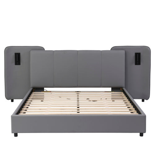Upholstered Bed, With Charging Port And Lighting, 4ft6 Double Bed 135x190cm, Soft Sponge Headboard Backrest, Anti-collision Sponge Filling, PU  Plywood,
