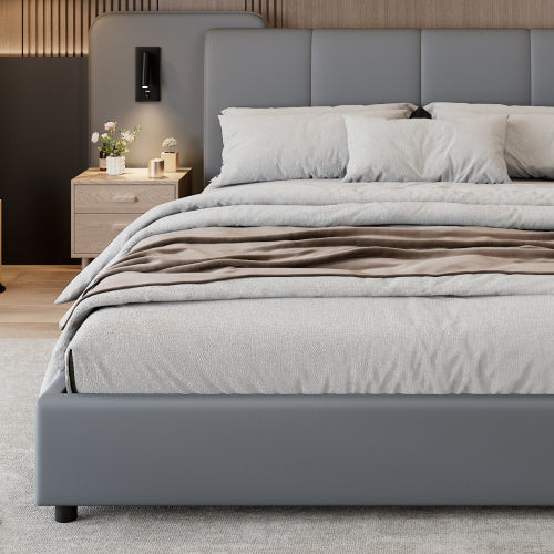 Upholstered Bed, With Charging Port And Lighting, 4ft6 Double Bed 135x190cm, Soft Sponge Headboard Backrest, Anti-collision Sponge Filling, PU  Plywood,