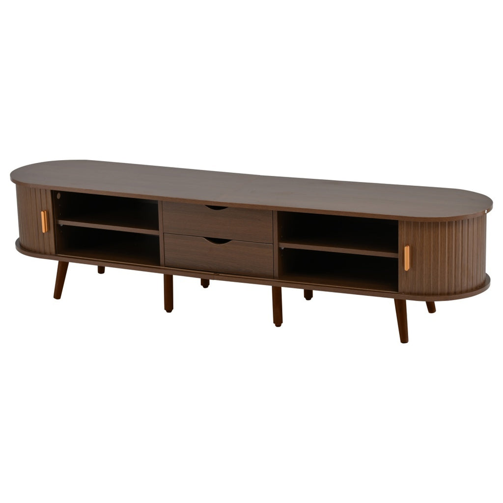 TV Stand With 2 Drawer 2 Sliding Doors 2  Tier Storage Shelf,Oval TV Cabinet Storage Sideboard With Rounded Corners For Livingroom Bedroom,175X40X42cm,Dark Oak,MDF,weight Capacity 30kg,for 70inch TV