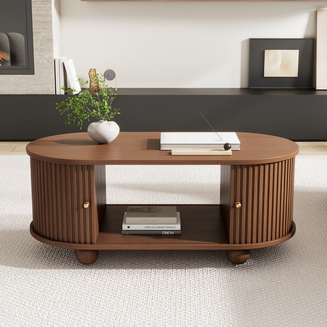 Oval Coffee Table With 2 Sliding Doors, Rounded Corners,Hidden Compartment Center Table, Sofa Table With Storage Space, Side Table With Central Open Storage Area,100X50X40cm,Oak Color,MDF
