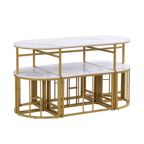 Dining Room Table Set With Six Chairs, Dining Group With White MDF Seat Cushions And Gold-plated Iron Frames, Modern Luxury Tables And Chairs