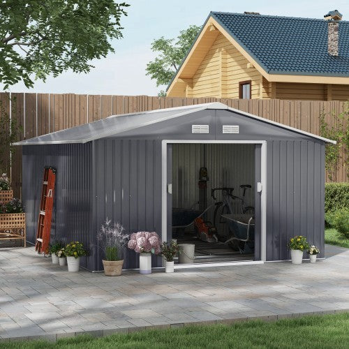 Outsunny 13 X 11ft Metal Garden Shed, Outdoor Storage Tool House With Ventilation Slots, Foundation Kit And Lockable Double Doors, Grey