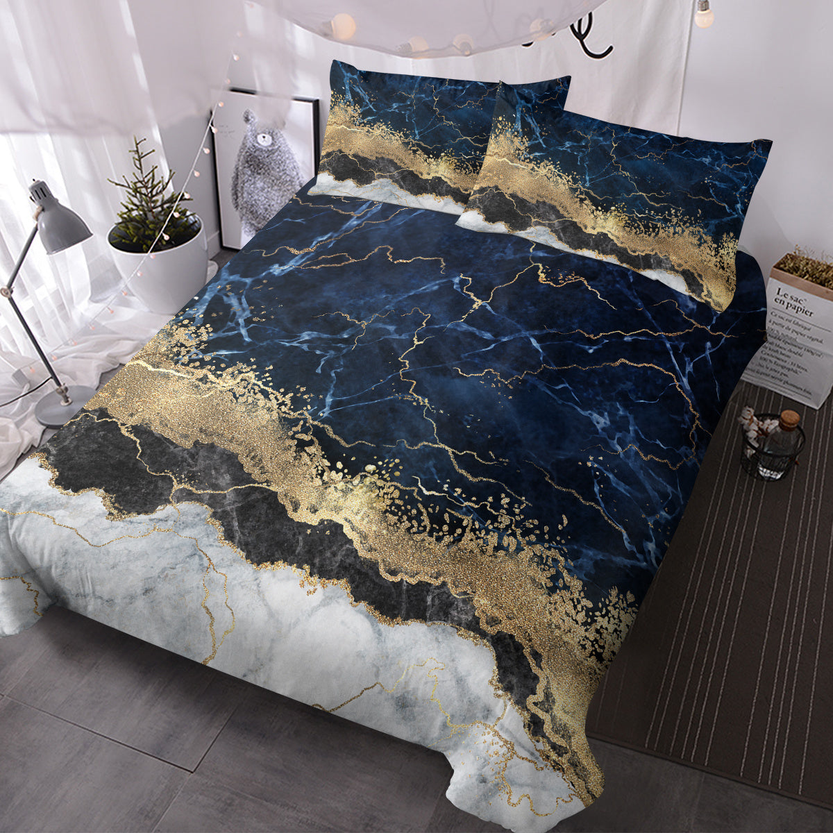 Chic Marble Bedding White Marble Gilded Navy Blue Duvet Cover Set Trendy Printed Design Bed Quilt Cover Set King 1 Duvet Cover 2 Pillowcases