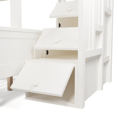 Bunk Beds For Kids, Staircase Bunk With Drawers And Storage, Children's Bed With Storage Unit, Double Bunk Bed For Family With Multiple Children,olid Wood, White