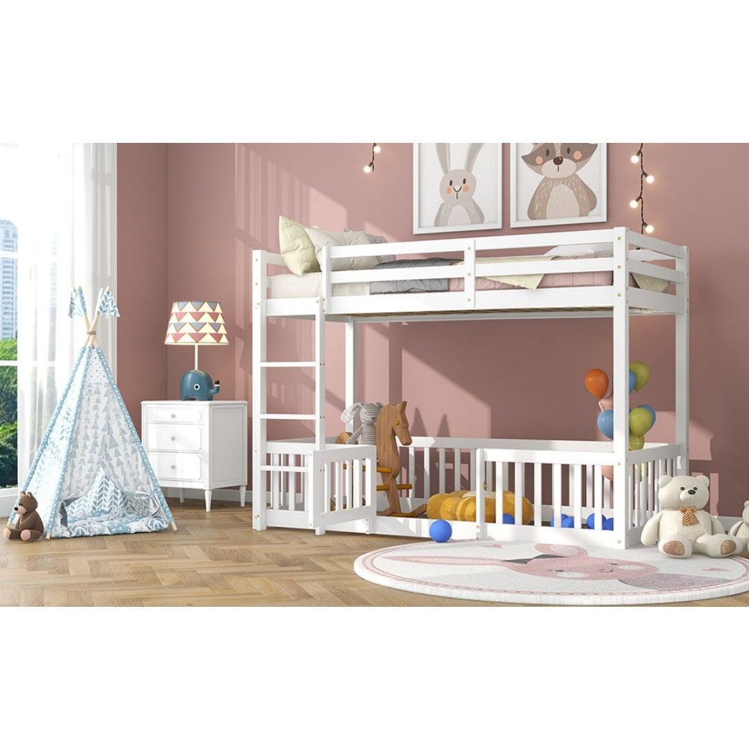 3FT Bunk Bed, Bed With Fences And Door, Children's Bed With Fall Protection And Railings, Solid Wood, White 190x90cm