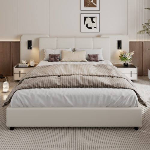 Upholstered Bed, With Charging Port And Lighting, 4ft6 Double Bed 135x190cm, Soft Sponge Headboard Backrest, Anti-collision Sponge Filling, PU  Plywood,