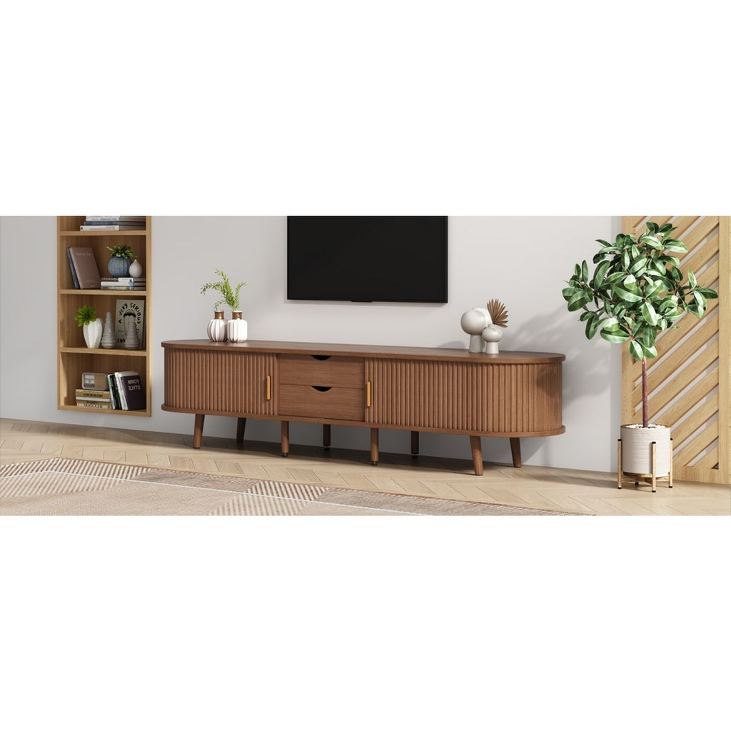 TV Stand With 2 Drawer 2 Sliding Doors 2  Tier Storage Shelf,Oval TV Cabinet Storage Sideboard With Rounded Corners For Livingroom Bedroom,175X40X42cm,Dark Oak,MDF,weight Capacity 30kg,for 70inch TV