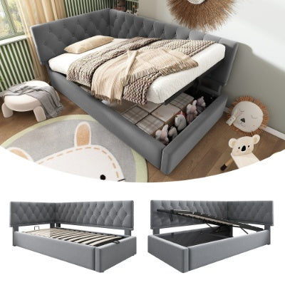 Daybed Upholstered Bed With Storage, 3FT Single Sofa Bed 90 X 190 Cm, Ottoman Bed With Hydraulic Storage, Metal Slatted Bed Frame, Velvet, No Mattres