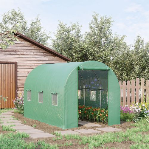 Outsunny 3.5 X 2m Walk-In Polytunnel Greenhouse, With Steel Frame, PE Cover, Roll-Up Door And 6 Windows, Green