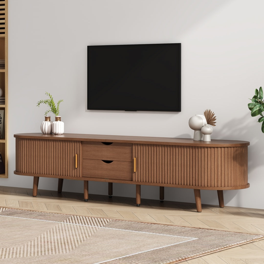 TV Stand With 2 Drawer 2 Sliding Doors 2  Tier Storage Shelf,Oval TV Cabinet Storage Sideboard With Rounded Corners For Livingroom Bedroom,175X40X42cm,Dark Oak,MDF,weight Capacity 30kg,for 70inch TV